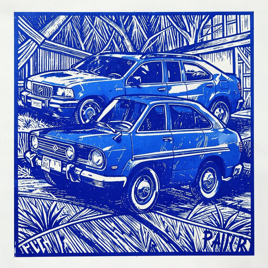 A linocut relief print of stacked newspapers and open books in deep indigo and warm ochre tones, conveying a studious newsroom atmosphere.