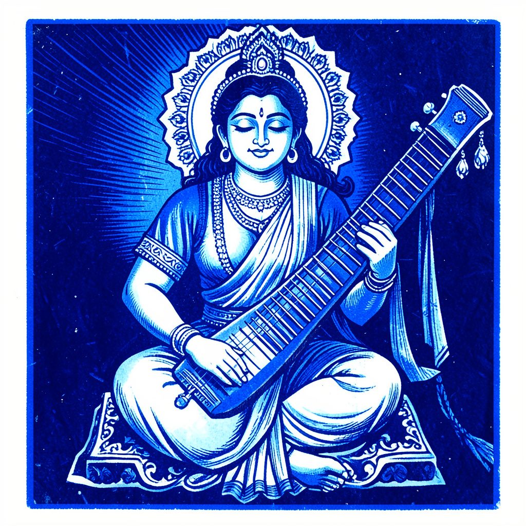 A carved linocut relief print of a veena resting beside an open book, in warm gold and deep brown, symbolizing the union of arts and learning.