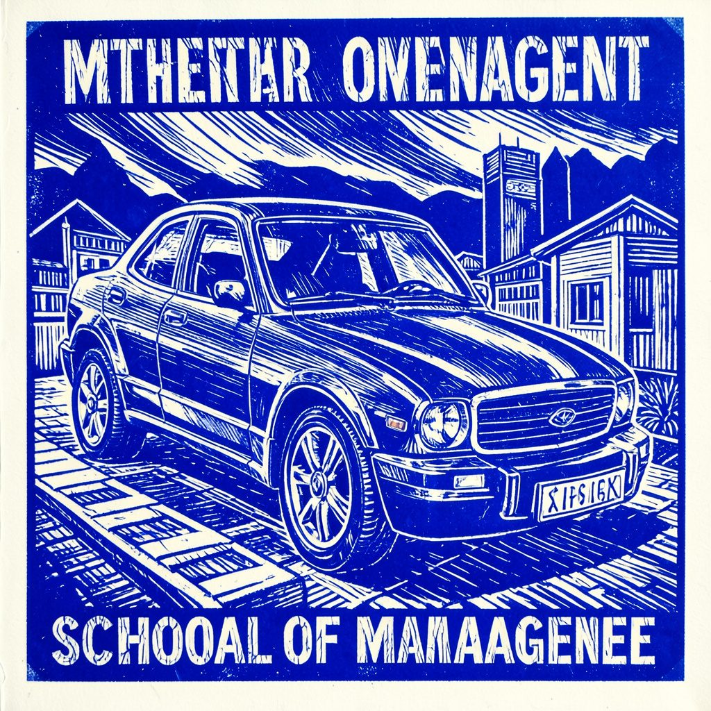A carved linocut relief print of a contemporary campus structure with broad walkways, in warm terracotta and cool gray, representing a management institute.