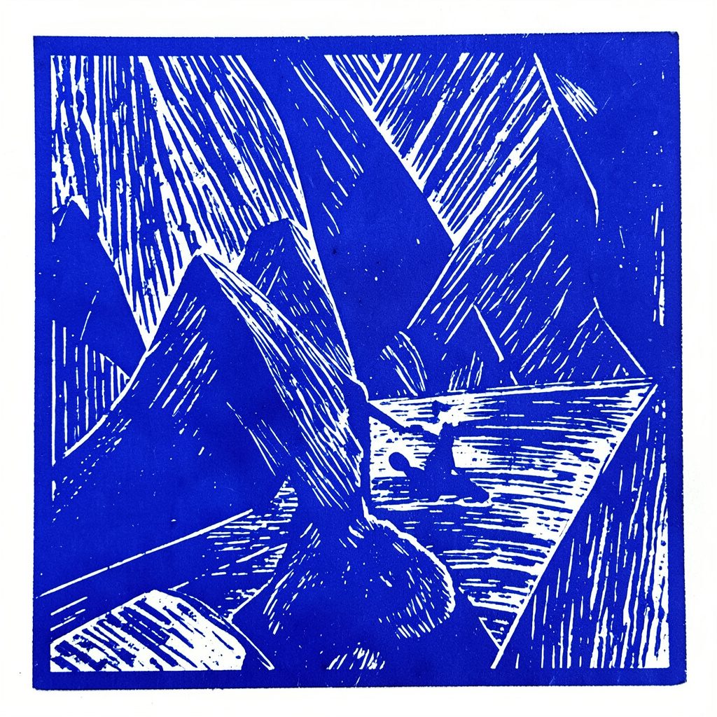 A carved linocut relief print of a modern institutional building with clean geometric lines, in deep indigo and soft white, suggesting a management school campus.