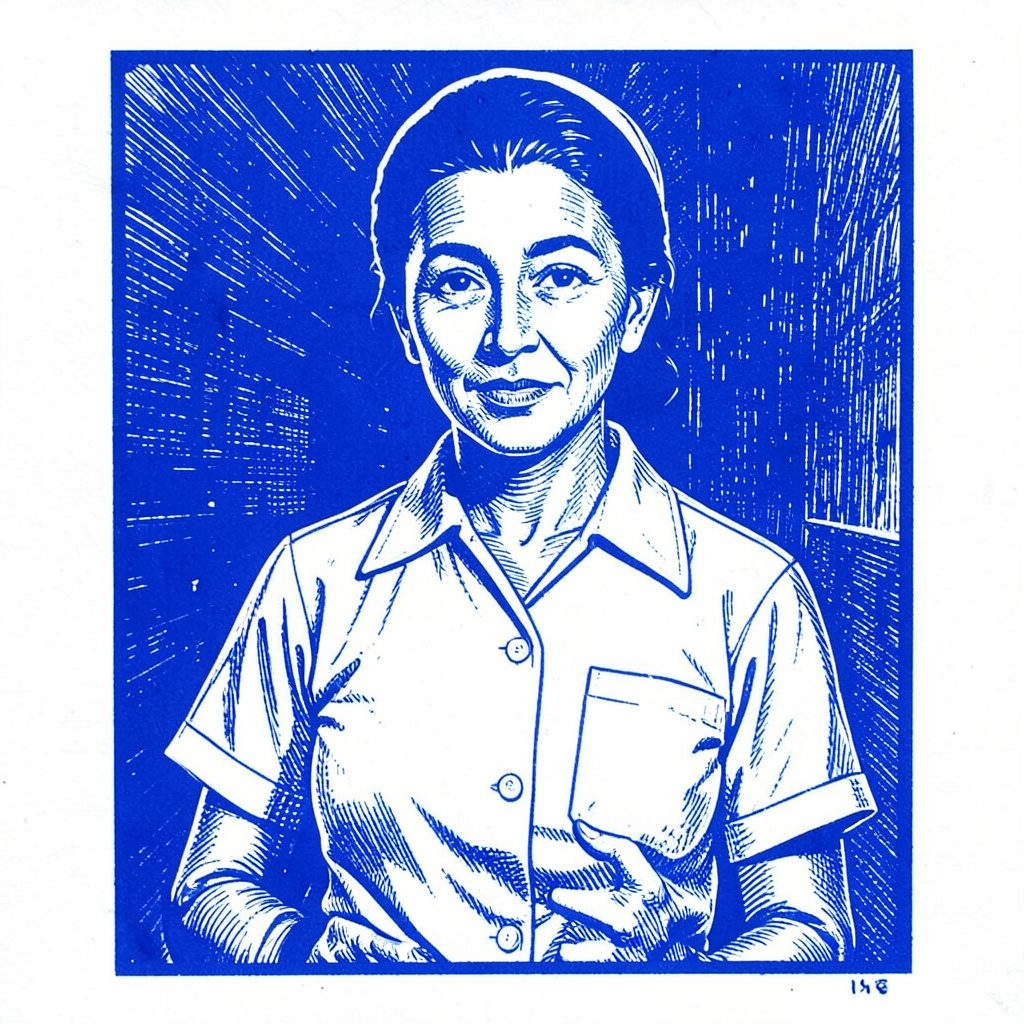 Carved linocut relief print of a nurse figure in muted teal and white, calm and professional mood