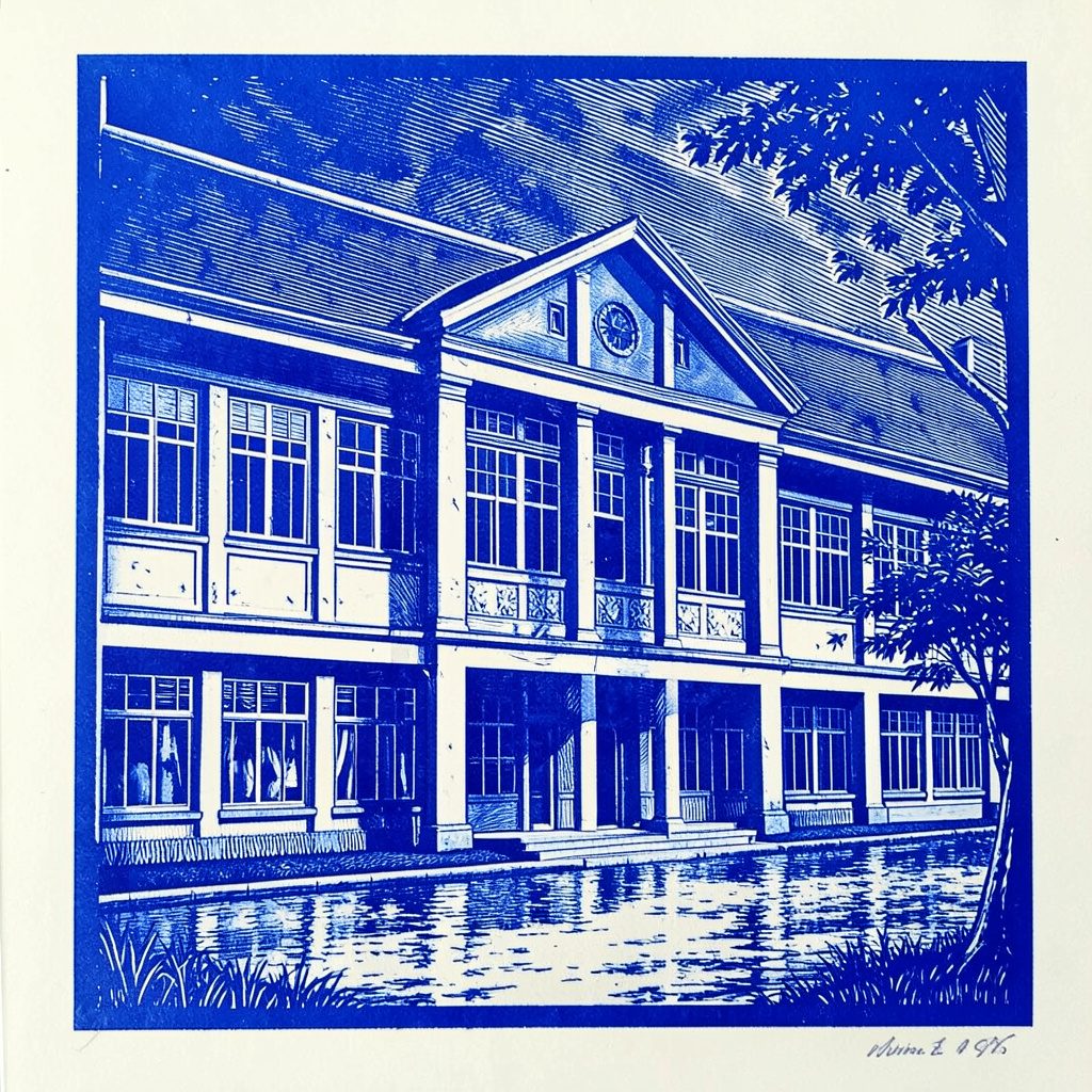 A carved linocut relief print of a sprawling campus courtyard with students walking between buildings, in warm amber and cool slate, capturing the rhythm of academic life.