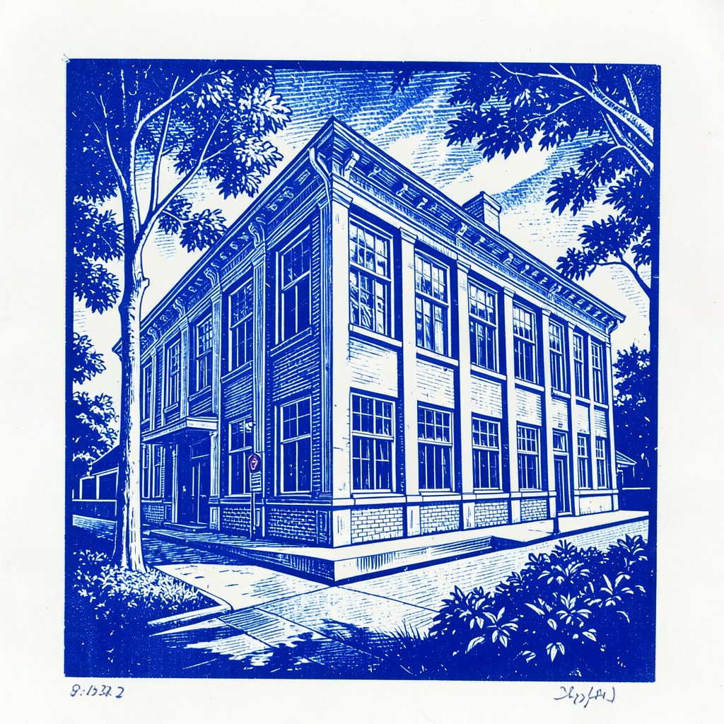 A carved linocut relief print of a stately academic building facade with arched windows, in muted ochre and slate gray, evoking a traditional Indian campus.